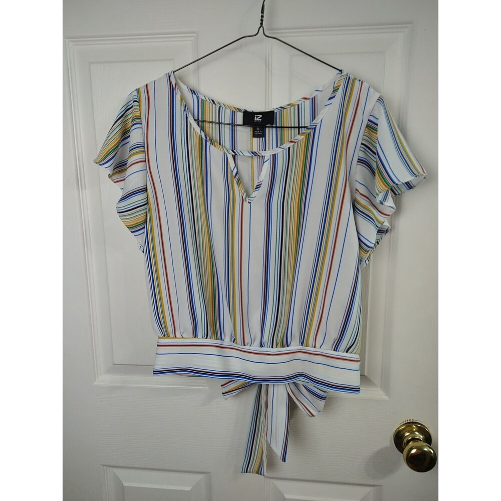Iz Byer White Multi-Stripe Tie-Back Blouse